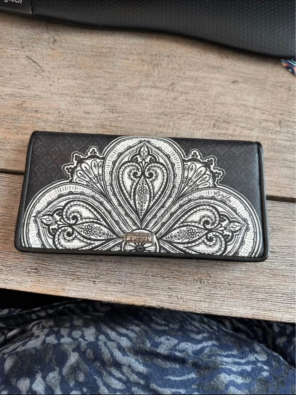 Brighton Black and White Floral-Embellished Leather Wallet